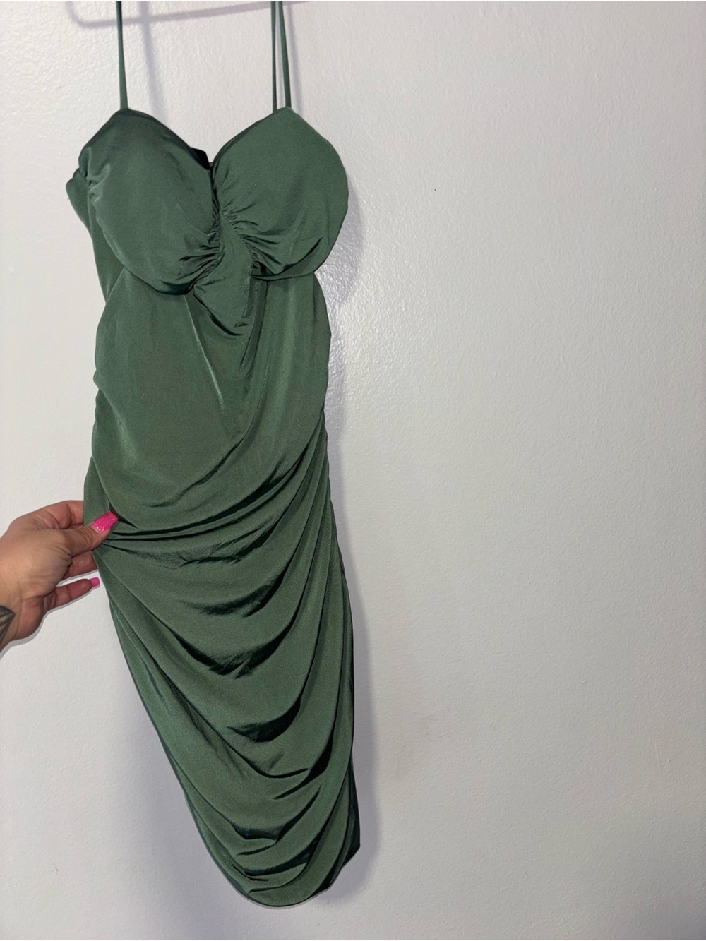 Windsor Olive Green Ruched Satin Mini Dress